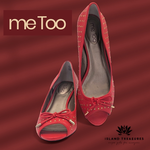 Me Too Yuliya Size 7.5M Red Orange Open Toe Wedge Gold Embellishements With Bow - Picture 17 of 17